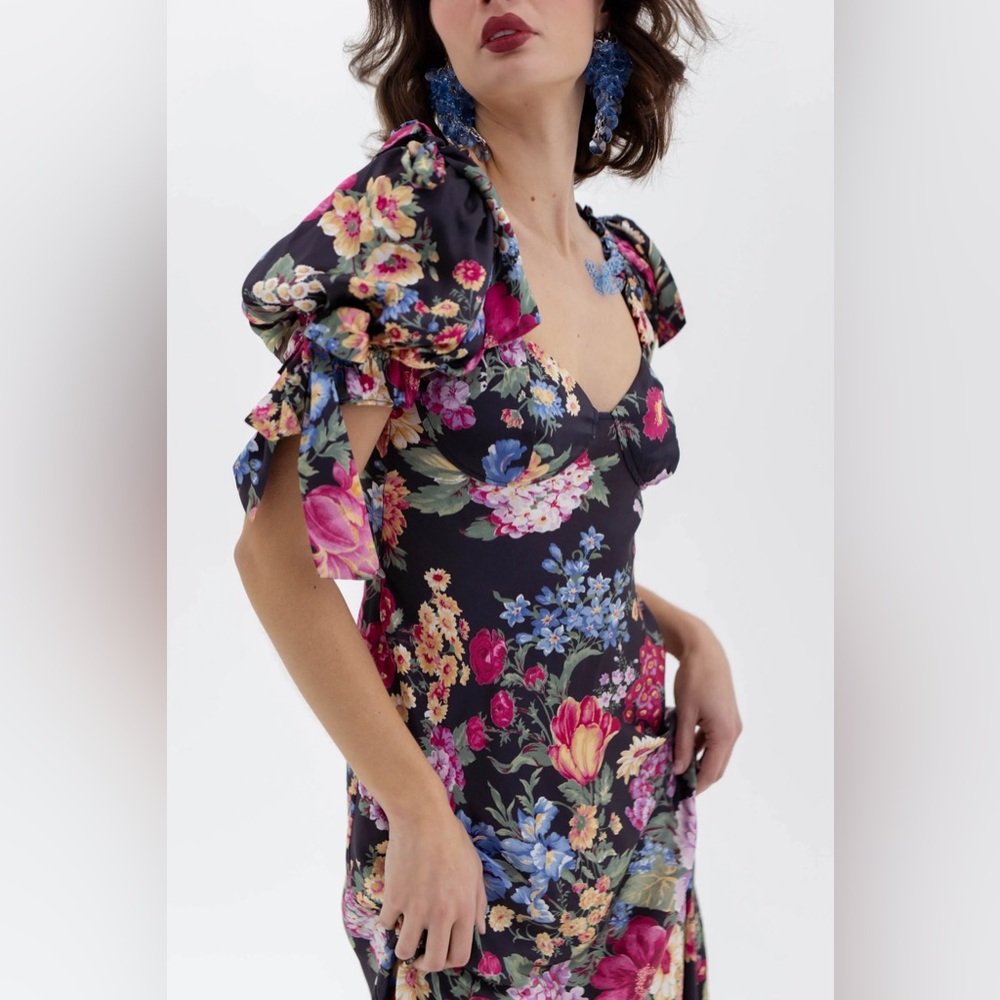 Selkie Black Floral Midi Dress with Puff Sleeves